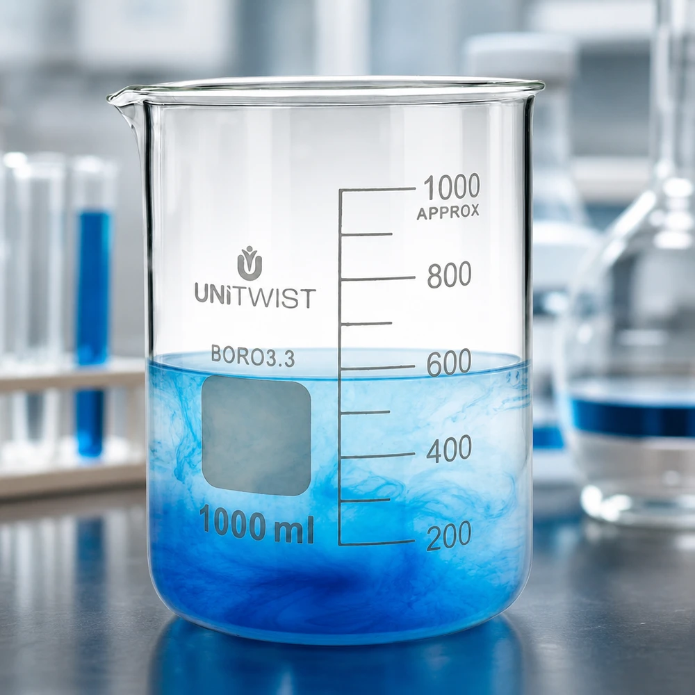 UNiTWIST bekerglas 1000 ml, laag model, borosilicaatglas, met opschriftveld en schaalverdeling