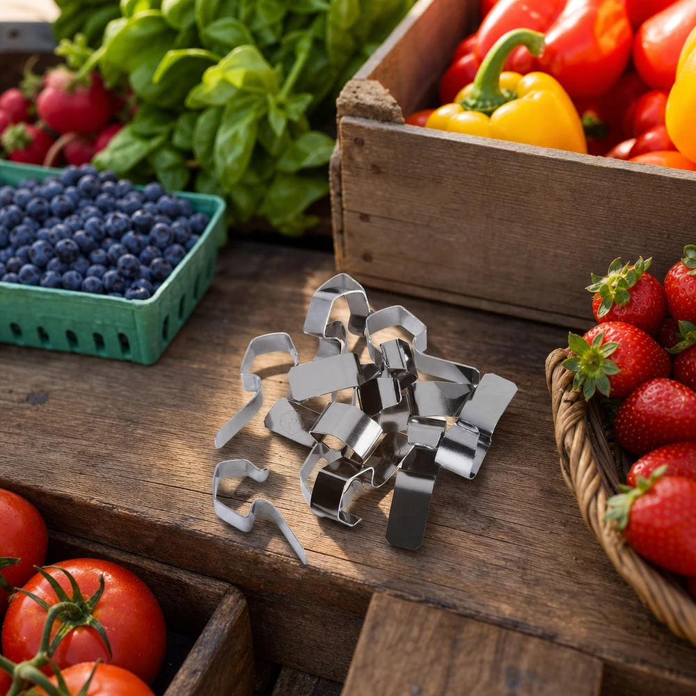 Weck Clip Roestvrijstalen inmaakklemmen omringd door verse groenten, fruit en bessen op een rustieke houten tafel Keukenaccessoires