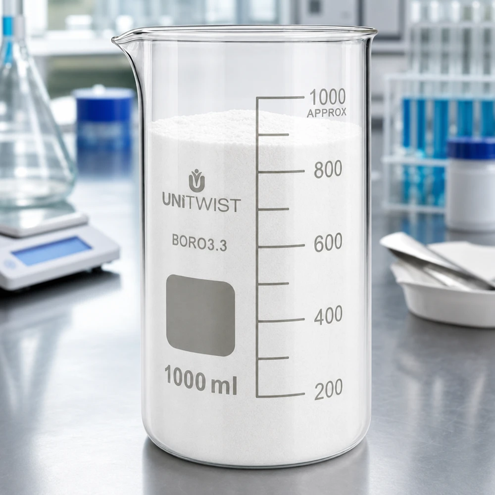 Beker 1000ml borosilicaat, hoge vorm UNITWIST UNITWIST bekerglas 1000 ml, borosilicaat 3.3, hoge vorm met wit laboratoriumpoeder boven het vulniveau van 800 ml
