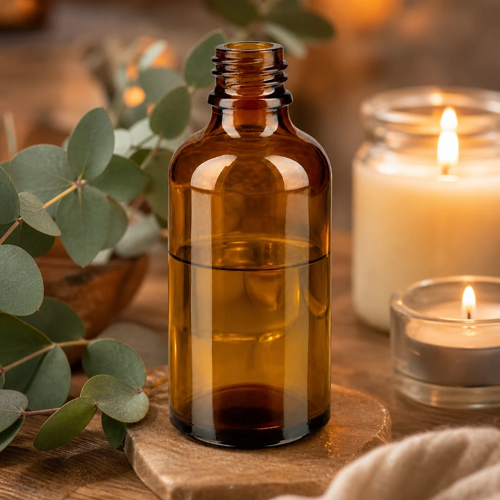 Bruine glazen fles 50ml 50ml bruine glazen ApoGlas apothekersfles met etherische olie naast kaarsen en eucalyptus