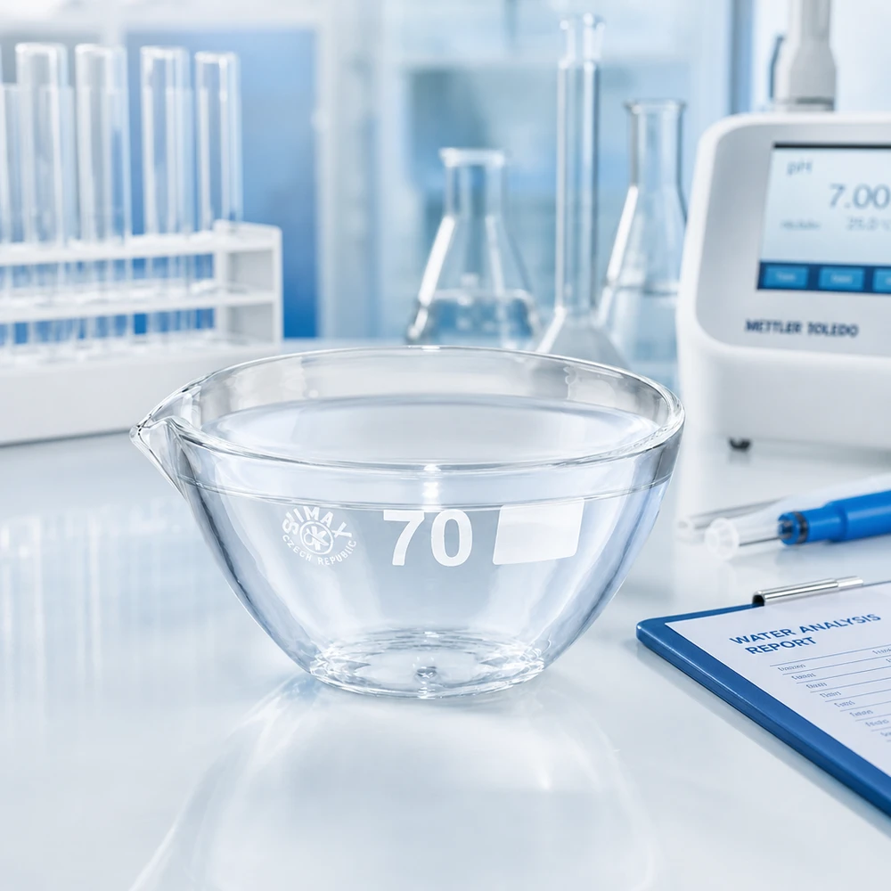 Indampschaal 60ml van borosilicaatglas met schenktuit Ergonomisch 60 ml dampbakje met schenktuit voor schoon decanteren en gecontroleerd verdampen