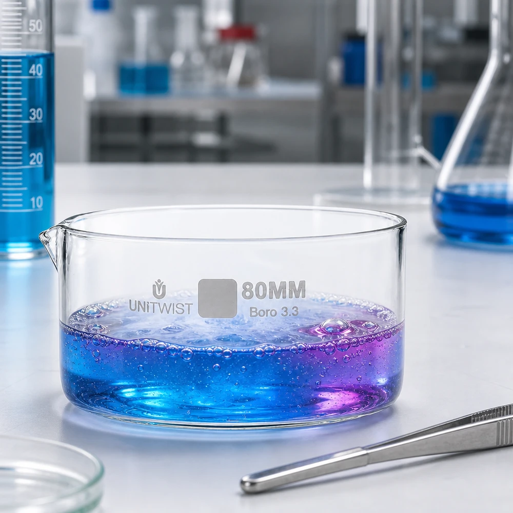 Kristalliseer schaal ø80mm borosilicaatglas UNiTWIST UNiTWIST kristallisatieschaal 80 mm Boro 3.3 naast een pincet, een Erlenmeyer-kolf en een maatcilinder