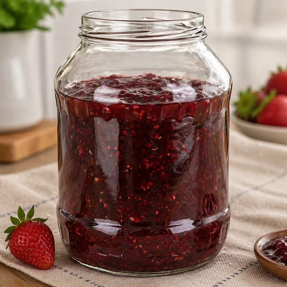 2650ml rond glas zonder deksel (TO100) UNiTWIST Bollenpot 2650ml gevuld met aardbeienjam UNiTWIST Runda2650 inmaakpot TO100 schroefdraad Toepassingsvoorbeeld