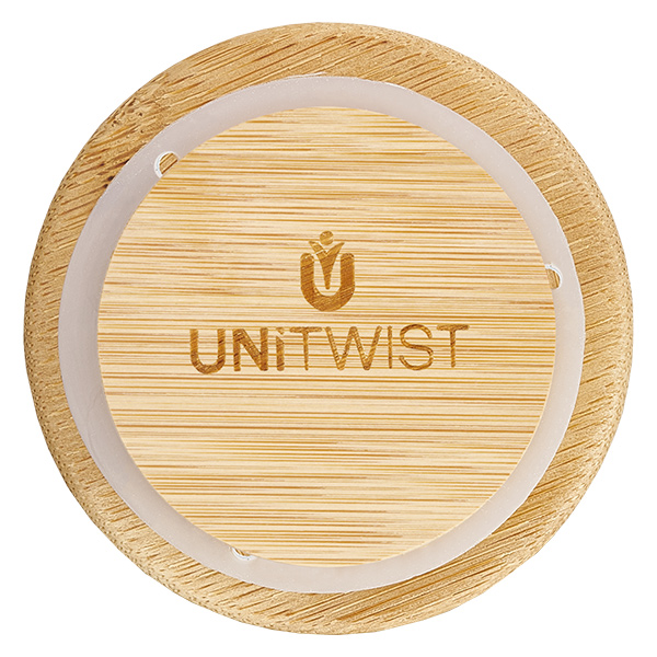 UNITWIST houten deksel RR60 bovenaanzicht met lasergegraveerd logo en transparante siliconen afsluitring voor WECK potten