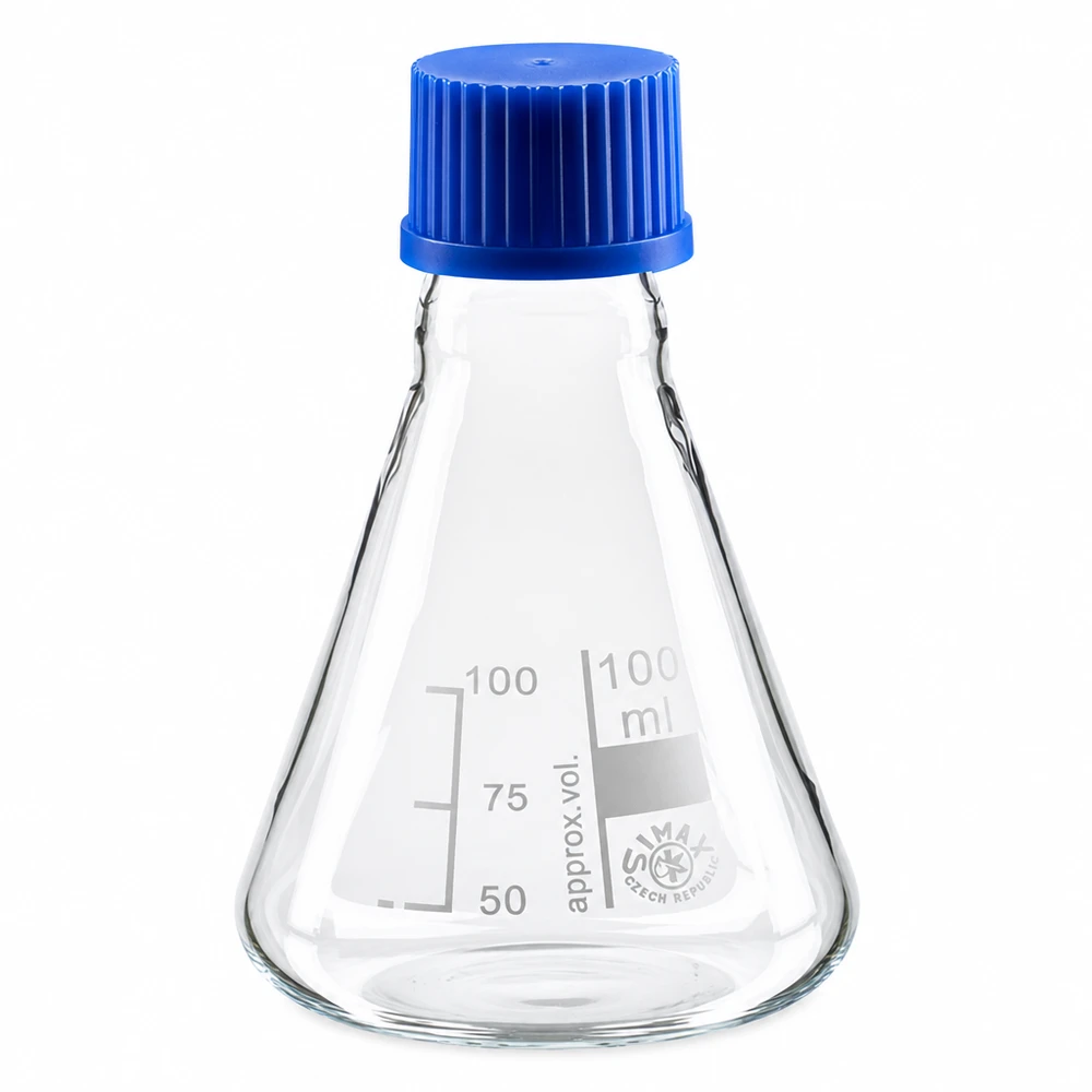 Erlenmeyer 100ml glas met nauwe hals borosilicaat met schroefdraad en sluiting Maatkolf 100ml met schaalverdeling voor nauwkeurige volumebepaling in het laboratorium
