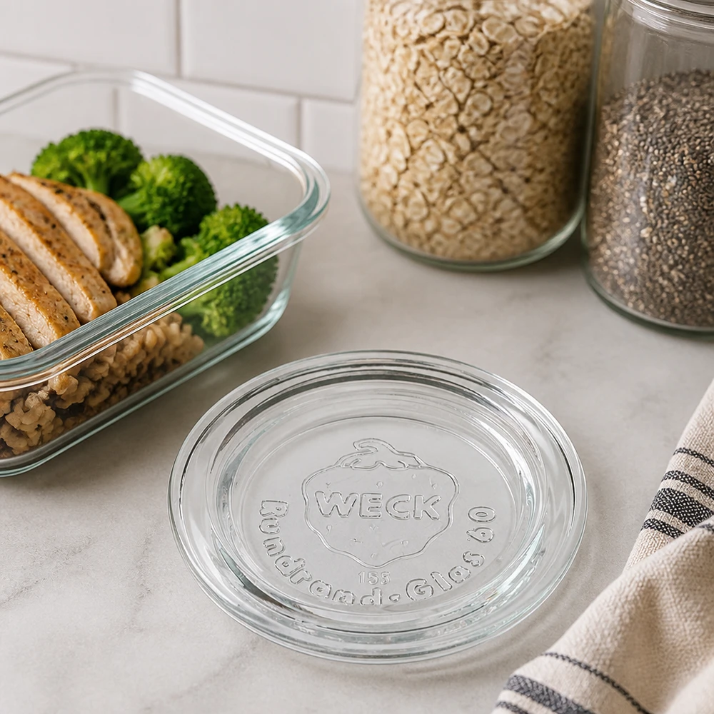 WECK glazen deksel RR60 WECK RR60 glazen deksel op marmeren werkblad naast maaltijdcontainer met broccoli en voorraadpotten Kitchen lifestyle