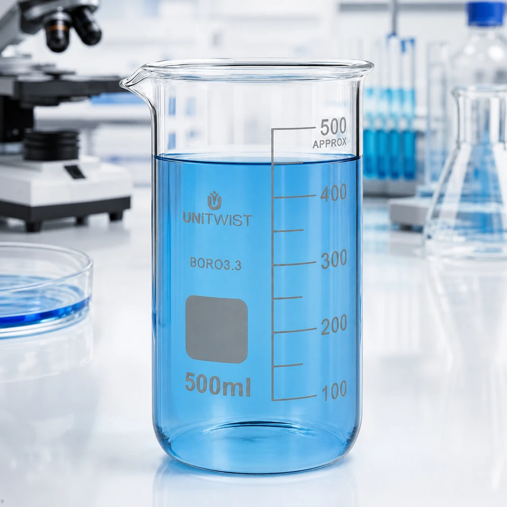 Beker 500ml borosilicaat, hoge vorm UNITWIST Chemiebestendige bekerglas van 500 ml, hoge uitvoering, borosilicaat, voor laboratoriumtoepassingen