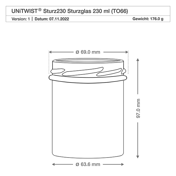 UNITWIST Sturz230 beker 230ml TO66 technische tekening met afmetingen 69mm diameter 97mm hoogte gewicht 176g