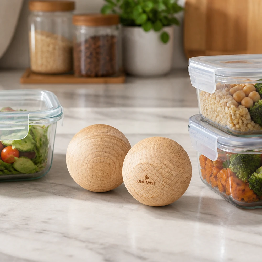 UNiTWIST Houten bal WECK RR60 UNiTWIST houten beuken WECK RR60 ballen in een moderne keuken met maaltijddozen en voorraadpotten Lifestyle-scène