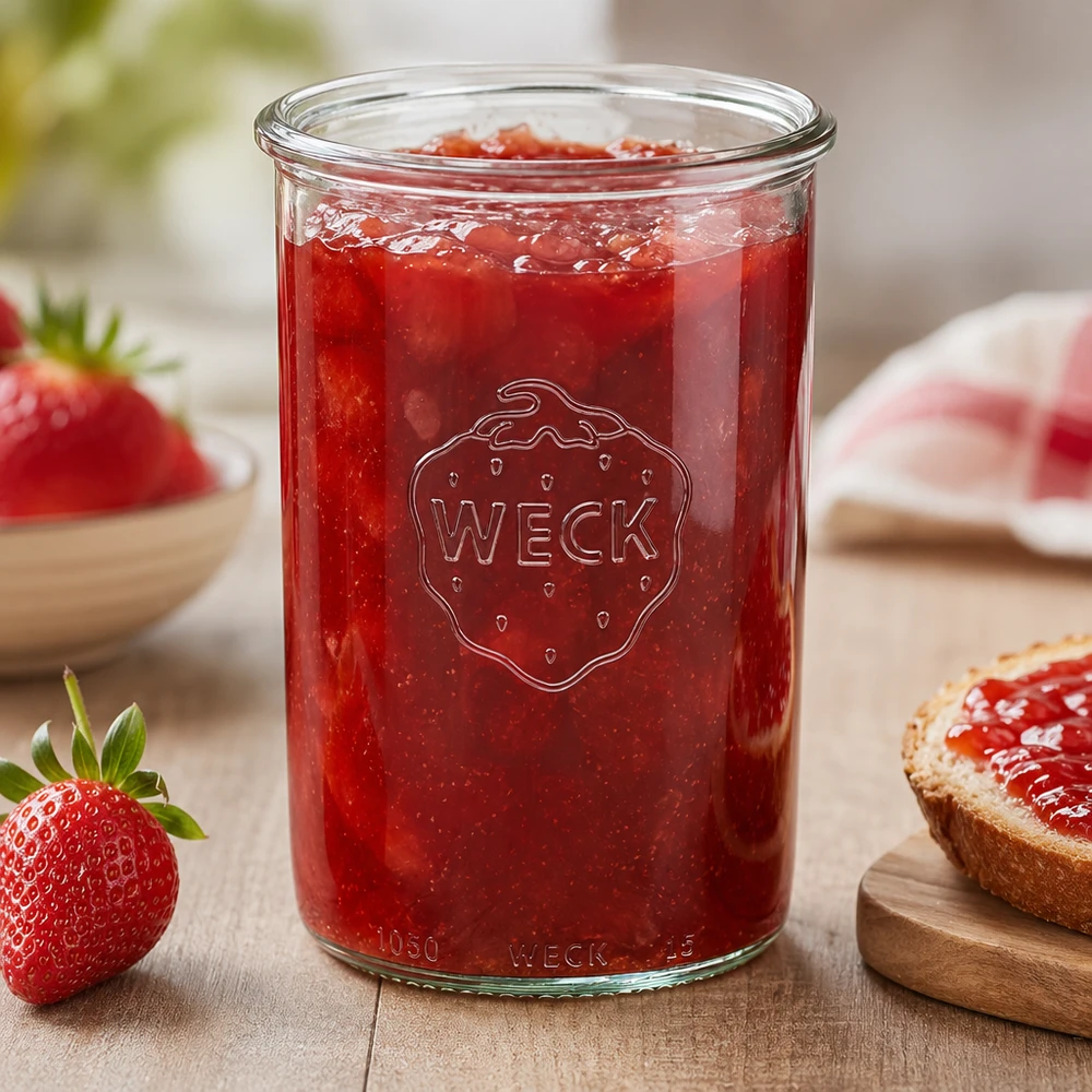 WECK 1000ml RR100 pot gevuld met aardbeienjam op een houten tafel met verse aardbeien en brood