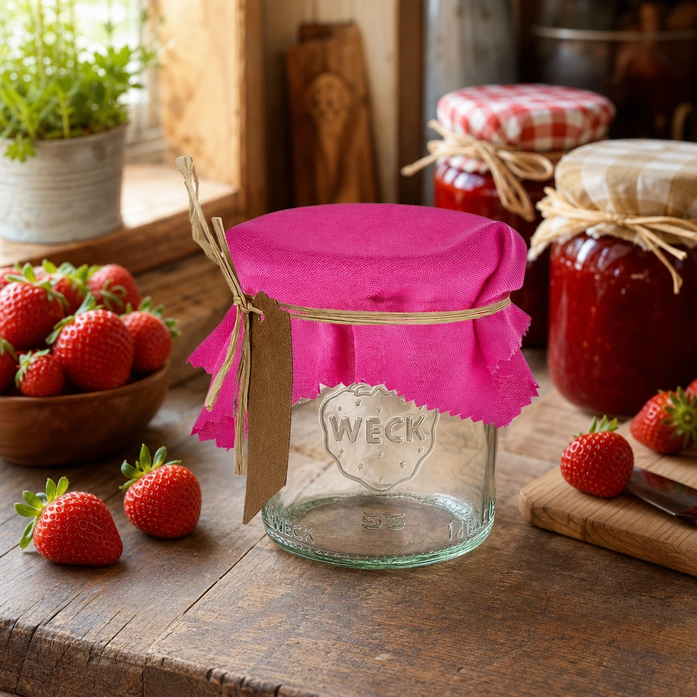 Roze decoratieve doily 12cm vierkant op inmaakpot in rustieke keuken met verse aardbeien en jampotten