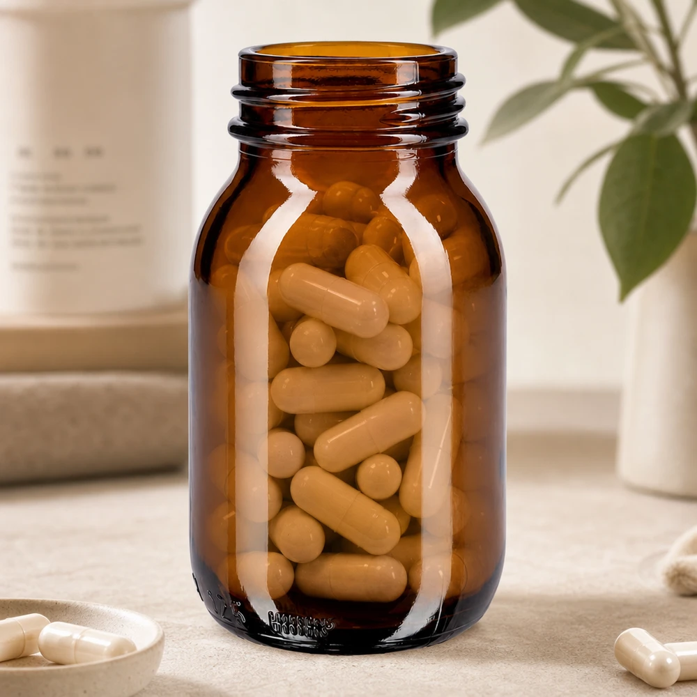 125ml fles amber glas Brede hals fles 125ml gemaakt van hoge kwaliteit amber glas met UV-bescherming voor supplementen