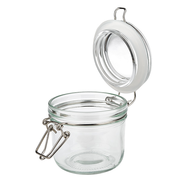 Compact glazen potje van 200 ml met metalen handvat en rubberen afdichting voor luchtdicht bewaren