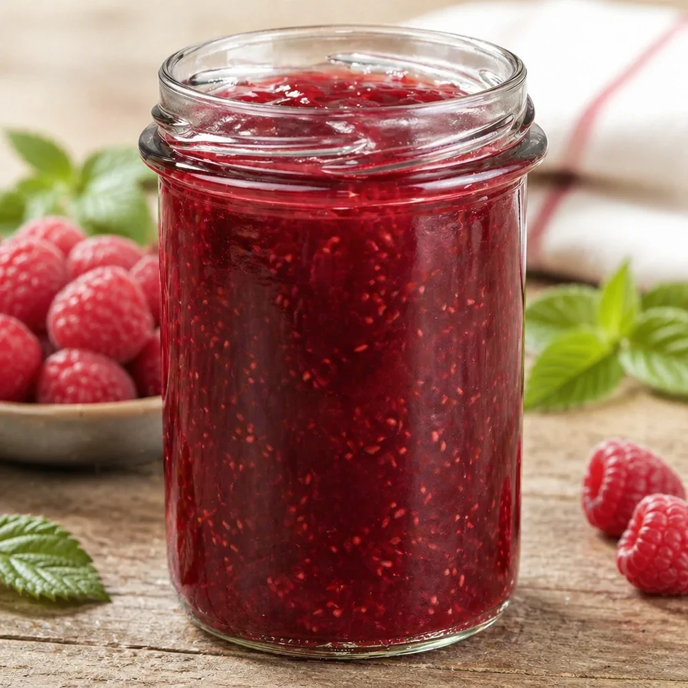 UNiTWIST bekers 230ml TO66 gevuld met rode jam, omringd door verse frambozen en groene bladeren