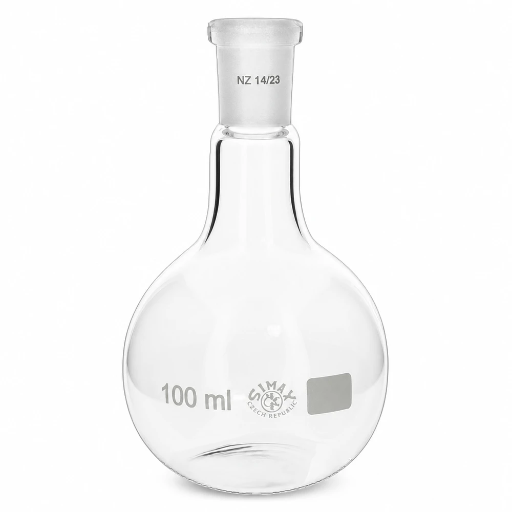 Platbodem kolf 100ml nauwe hals borosilicaat met slijpstuk 14/23 Compacte 100 ml rondbodemkolf met standaard slijpstuk, ideaal voor kleine batches