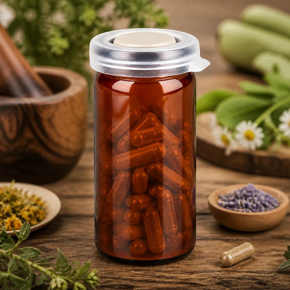 Compacte glazen voorraadpot voor kruidencapsules, 10 ml, bruin, lichtbeschermd, met klikdeksel