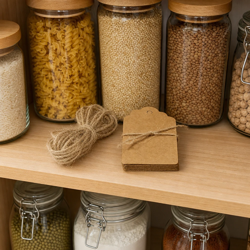 Georganiseerde keuken met voorraadpotten en bruine kraftpapier etiketten 30x50mm voor het labelen van voorraadpotten