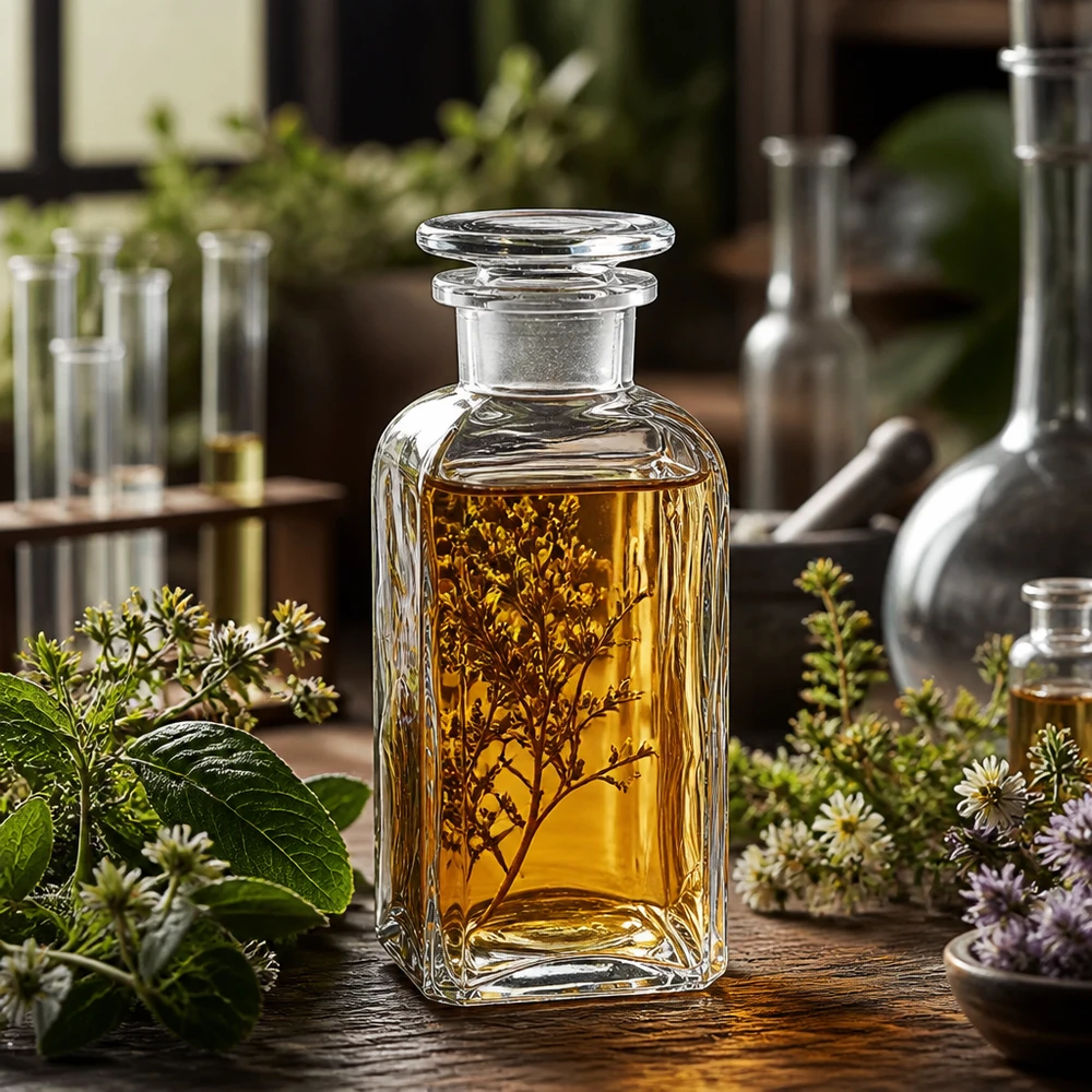 Vierkant-apothekersfles 350 ml wijde hals helder glas incl. glazen stop Vierkante glazen fles van 350 ml met brede hals, helder en afsluitbaar met een stop, voor kruidenoliën