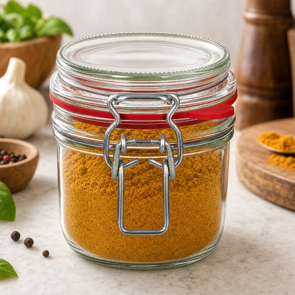 255 ml voorraadpot type G met beugelsluiting UN.. 255ml Bügelverschluss-Glas gefüllt mit Kurkuma-Gewürzpulver in moderner Küche mit Kräutern und Gewürzen