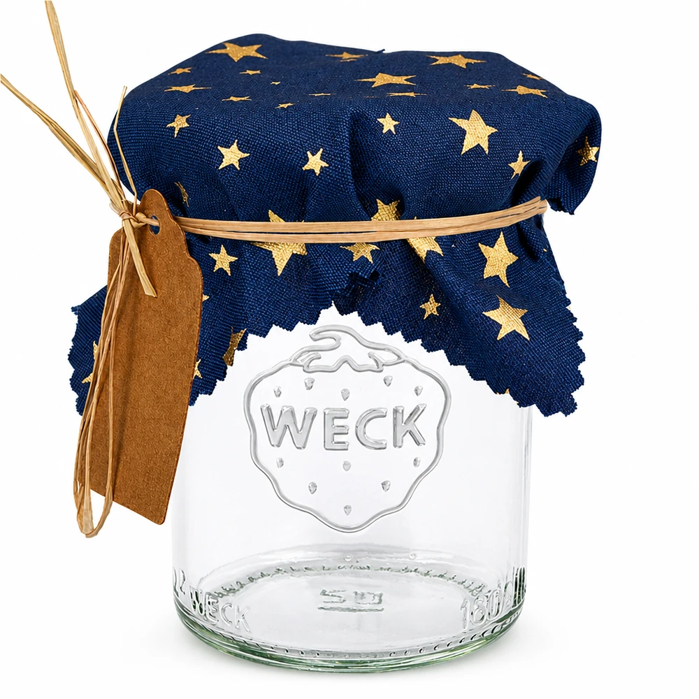 Blauwe stoffen doily met gouden sterren op WECK pot, vierkant 12cm, jampot doily