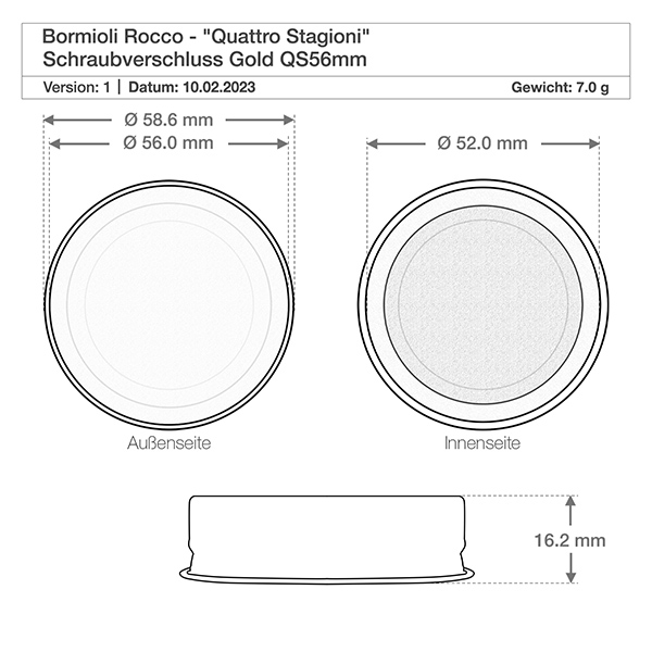 Capsule 56mm Technische tekening Bormioli Rocco Quattro Stagioni schroefdop goud QS56mm met afmetingen en gewicht