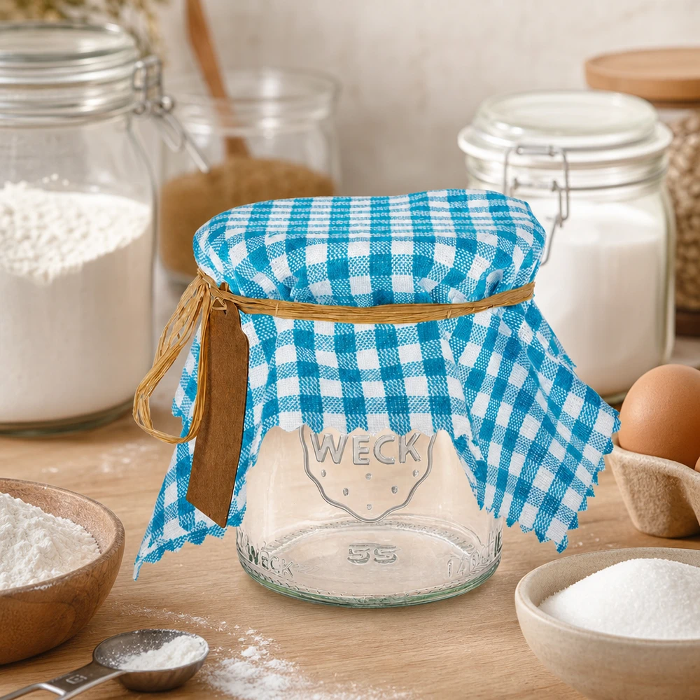 Turquoise geruite stoffen onderlegger in keuken met pot, bloem en bakingrediënten als keukengerei