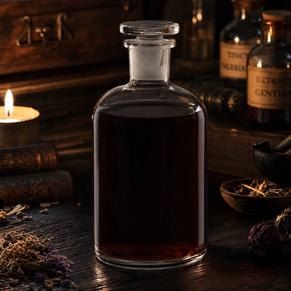 Apothekersfles 500 ml nauwe hals helder glas incl. glazen stop Handgeblazen, ronde schouderfles van 500 ml, met stop, voor essences en distillaten