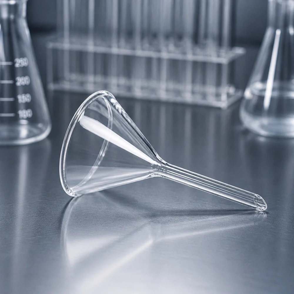 Glazen trechter Ø 45mm - borosilicaat 3.3 - 60° hoek Trechter van hittebestendig borosilicaatglas met een diameter van 45 mm voor veilig decanteren in het laboratorium