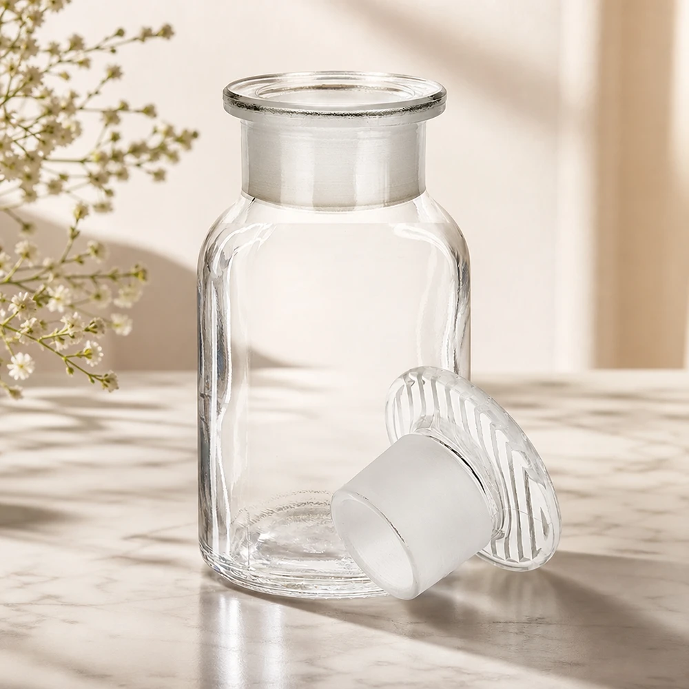 Apothekersfles 100 ml wijde hals helder glas incl. glazen stop Veelzijdige glazen fles van 100 ml met brede hals en ronde schouders, voorzien van een verwijderbare glazen stop