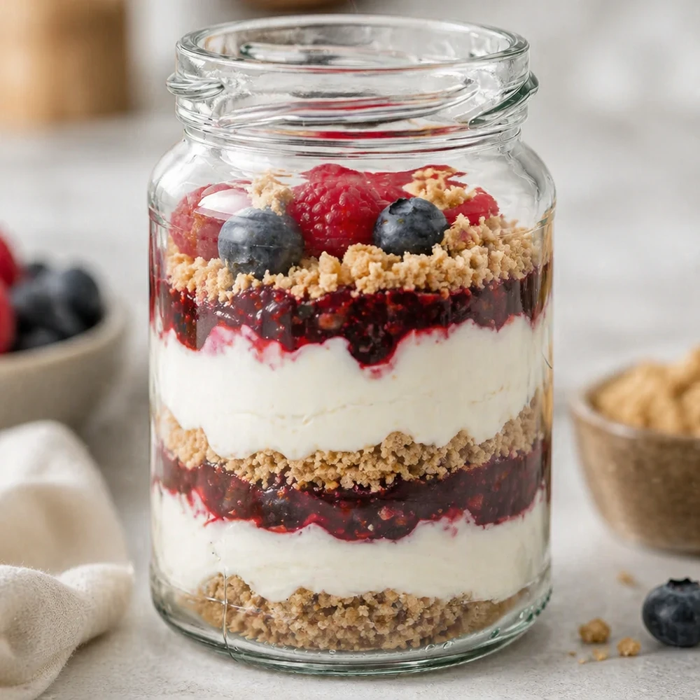 UNiTWIST Runda205 ronde pot 205ml met gelaagde yoghurt bessen dessert en hagelslag TO58 inmaakpotje