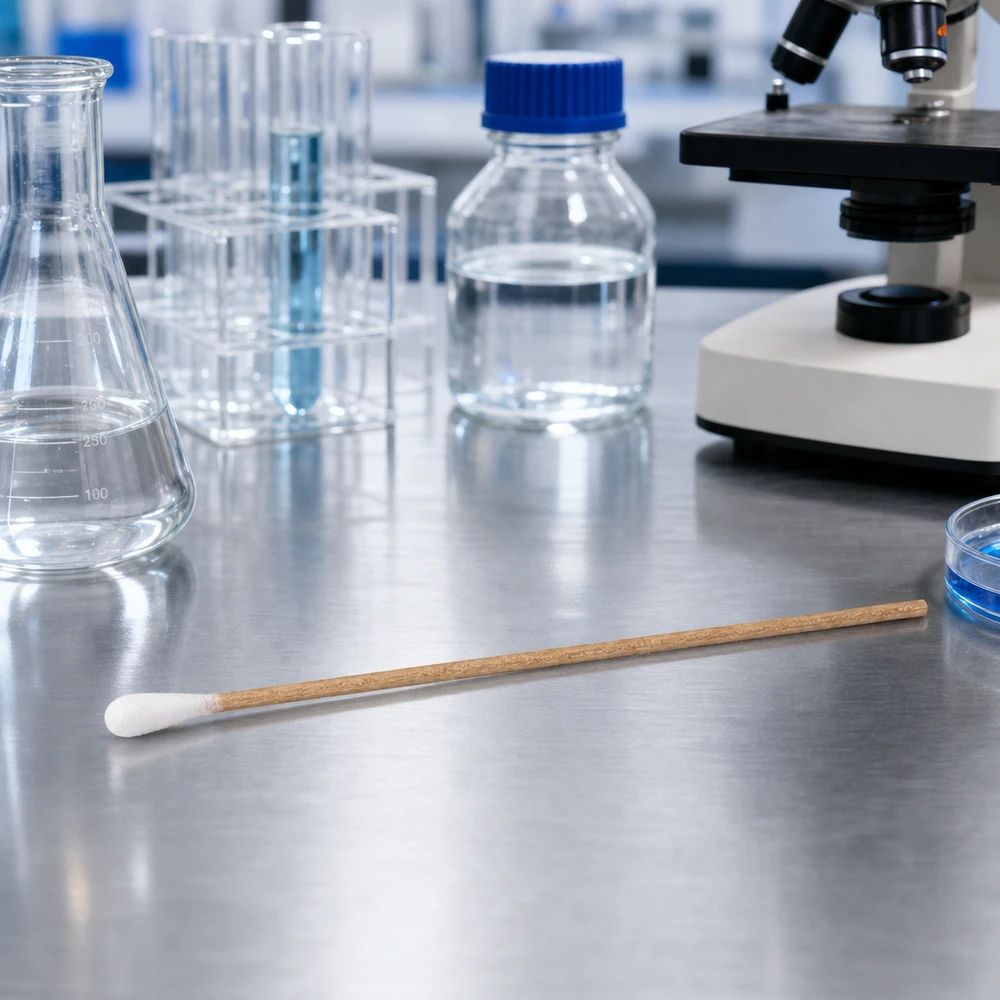 Wattenstaafjes NIET STERIEL 1 st. Niet-steriele wattenstaafjes met één punt, wit, op een laboratoriumtafel naast een petrischaal en een glazen fles