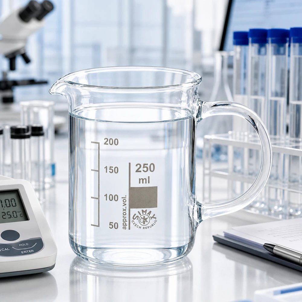 Bekerglas 250 ml van hittebestendig borosilicaatglas met handvat Becherglas met handvat, 250 ml, borosilicaatglas, naast een reageerbuisstandaard en laboratoriumaantekeningen