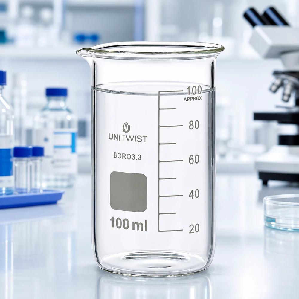 Beker 100ml borosilicaat, hoge vorm UNITWIST UNITWIST precisiebeker 100 ml, hoog model, borosilicaatglas met schaalverdeling tot 100 ml (ongeveer)