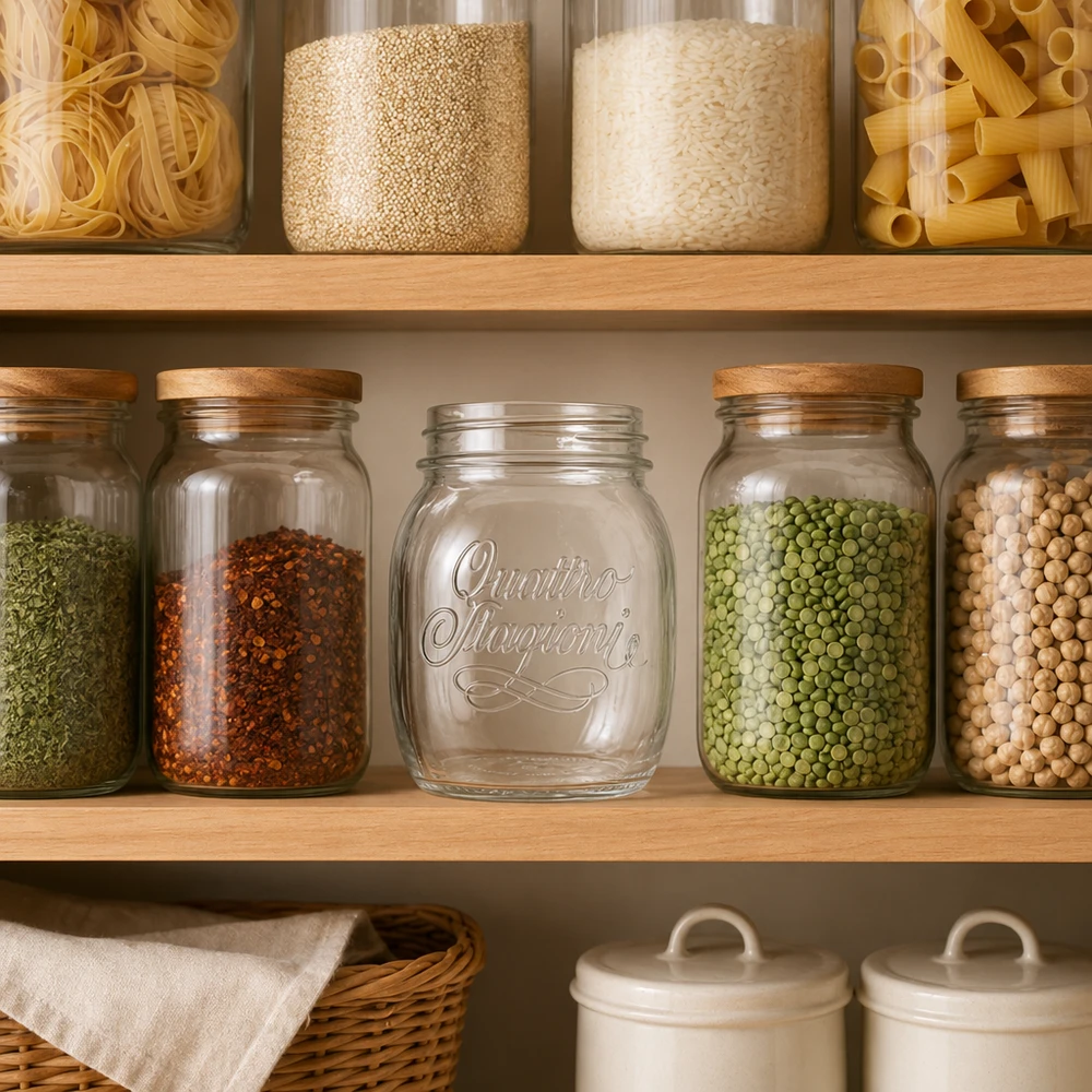 700ml huishoudglas "Quattro Stagioni" 700 ml Quattro Stagioni huishoudpot met houten deksel voor het bewaren van peulvruchten en kruiden in de keuken