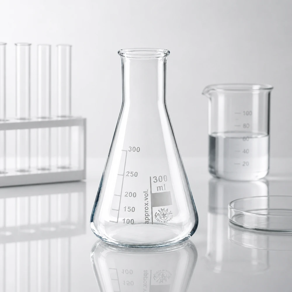 Erlenmeyer 300ml nauwe hals borosilicaat met afgeronde rand Erlenmeyer 300ml nauwe hals borosilicaat met afgeronde rand