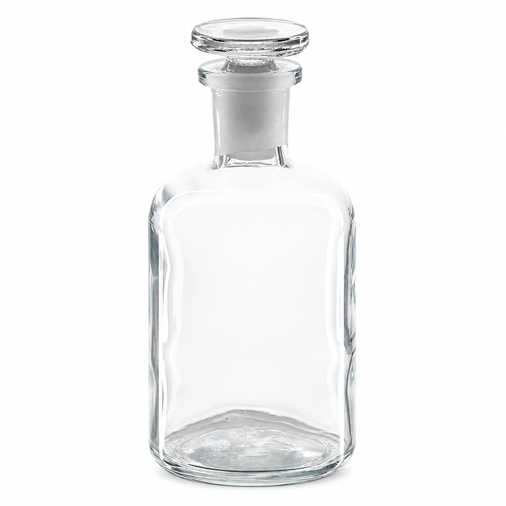 Apothekersfles 100 ml nauwe hals helder glas incl. glazen stop Apothekersfles 100 ml, helder glas, fles met smalle hals en ronde schouders, voorzien van een glazen stop