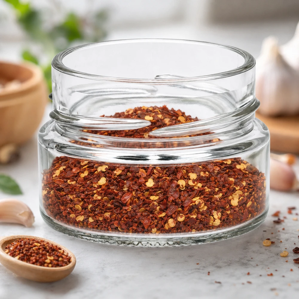 80ml rond glas zonder deksel (TO58deep) UNiTWIST UNiTWIST Runda80 rond potje 80ml TO58deep gevuld met chilikruidenmix op keukenblad