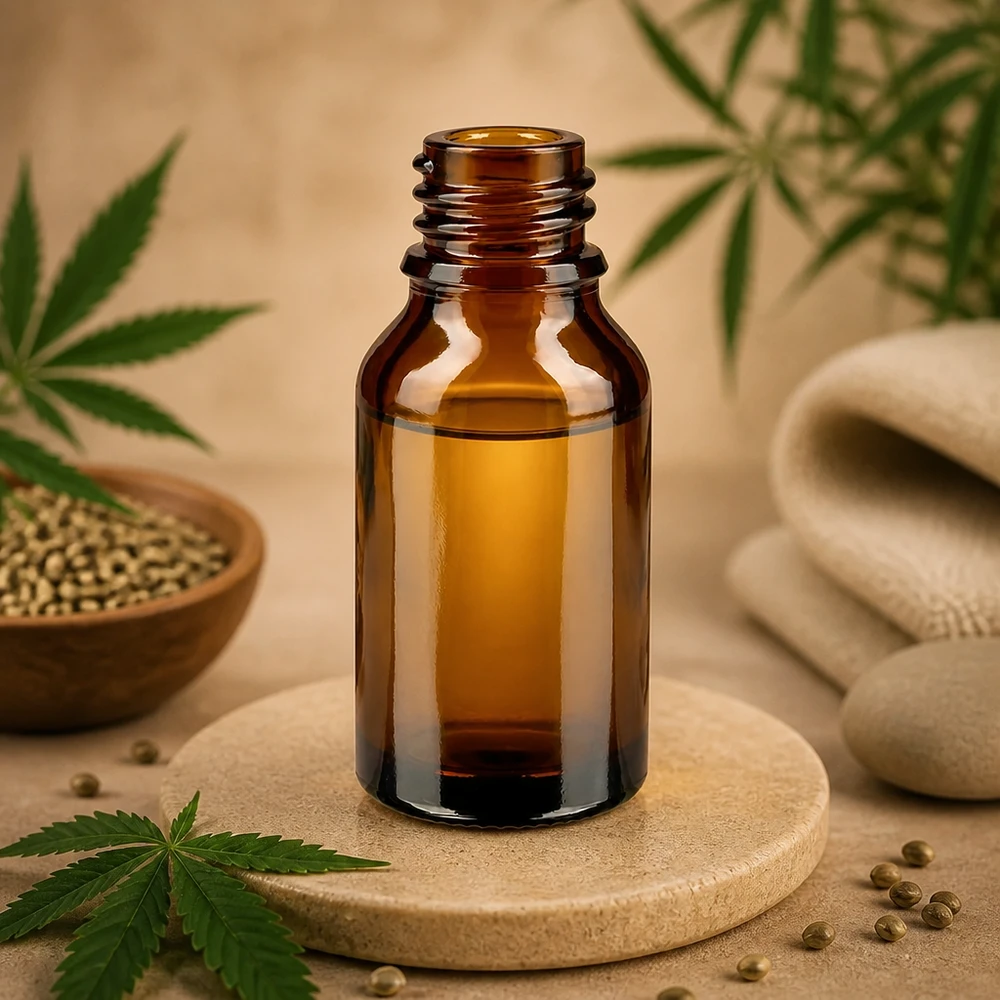 Bruine glazen fles 30ml 30ml bruin apothekersflesje hoge vorm ApoGlas op houten onderzetter met cannabis hennepzaad natuurlijke oliën wellness