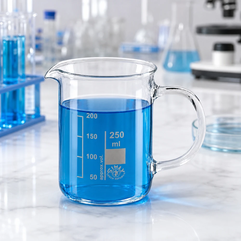 Bekerglas 250 ml van hittebestendig borosilicaatglas met handvat Glasbeker met handvat van 250 ml, gemaakt van hittebestendig borosilicaatglas en gevuld met blauwe testvloeistof