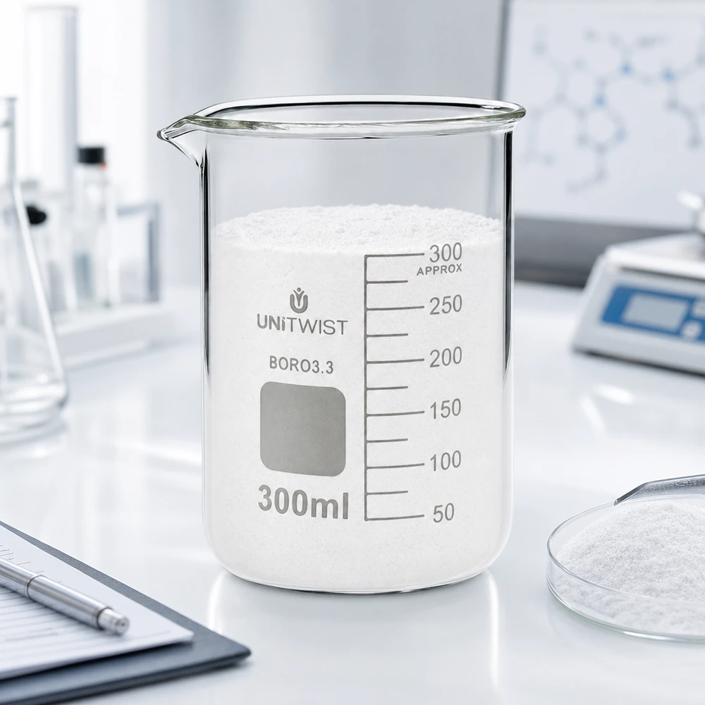 Geraffineerd laboratoriumglas van 300 ml, vervaardigd uit borosilicaatglas 3.3, met schenktuit en witte vaste stof