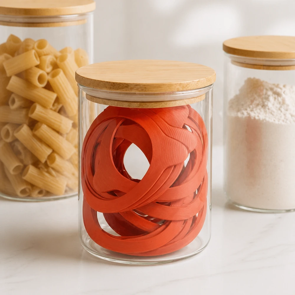 Inlegring van natuurrubber RR80 Orangefarbene Einkochringe RR80 in stylischem Glasvorratsgefäß mit Holzdeckel neben Pasta und Mehl in moderner Küche