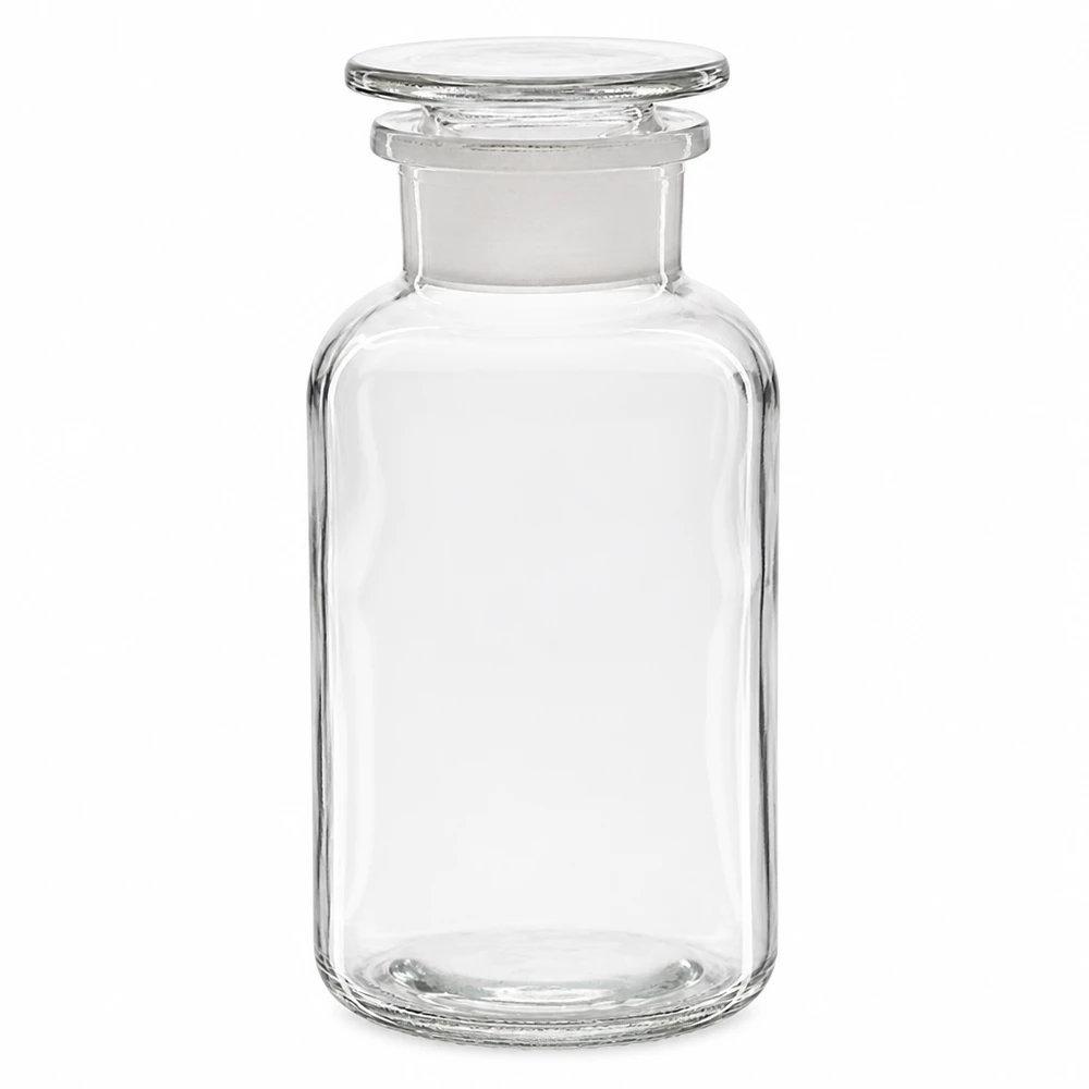 Apothekersfles 500 ml wijde hals helder glas incl. glazen stop Klassieke apothekersfles 500 ml, brede hals, helder, met glazen stop, ronde schouders