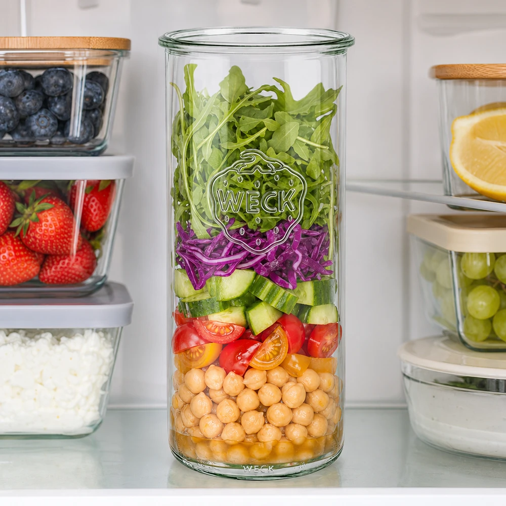 WECK RR100-pot van 1500 ml WECK RR100 bekers 1500ml met gelaagde salade van kikkererwten, groenten en bladgroenten in witte keuken