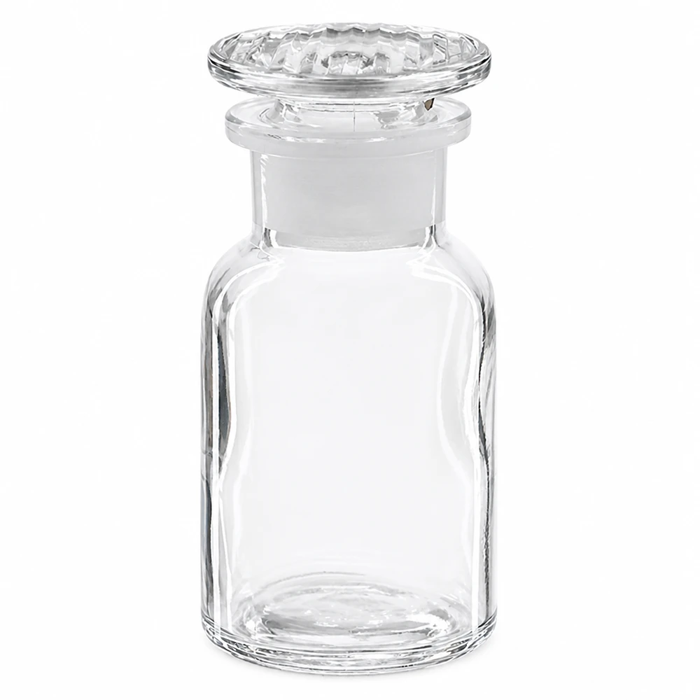 Apothekersfles 100 ml wijde hals helder glas incl. glazen stop Kleine doorzichtige voorraadfles van 100 ml met brede opening en glazen dop