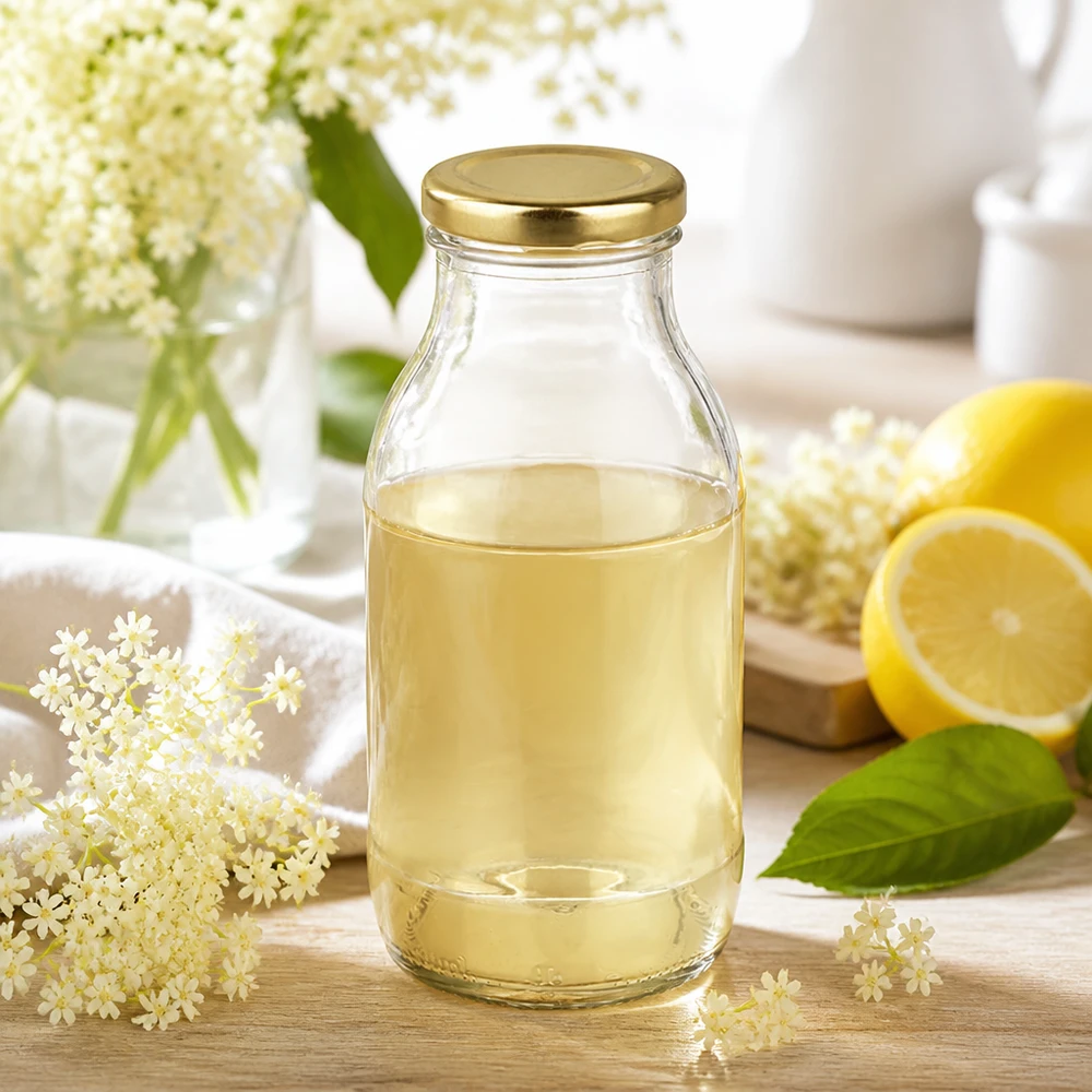 Glazen fles van 250 ml + BasicSeal-deksel goud UNiTWIST Glazen fles van 250 ml, luchtdicht afgesloten met een gouden BasicSeal-deksel voor vlierbessensiroop