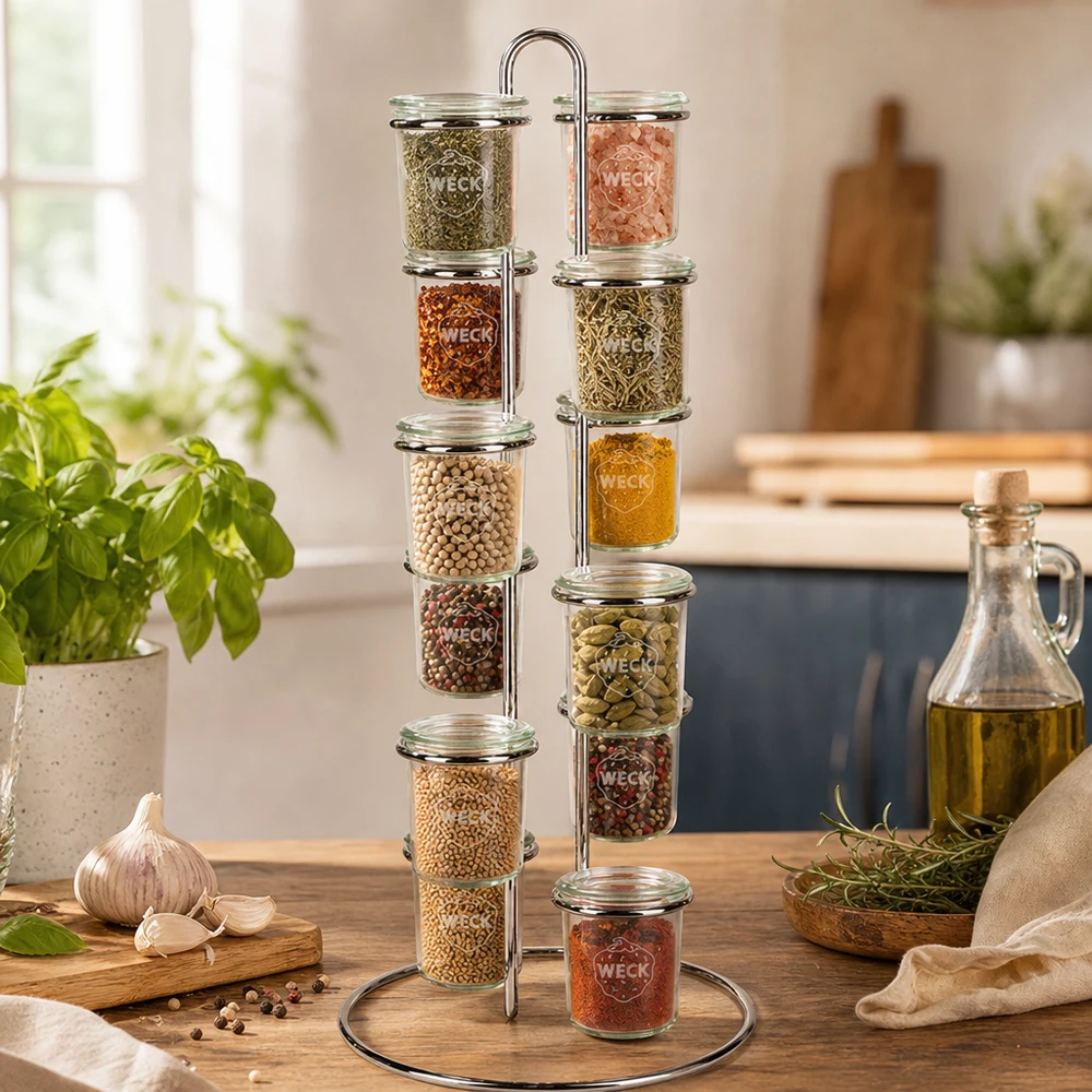 Serveerrek Vertico12 voor 12 WECK stortglas Vertico12 kruidenrek met 12 WECK potjes gevuld met kruiden en specerijen op een houten werkblad in een moderne keuken
