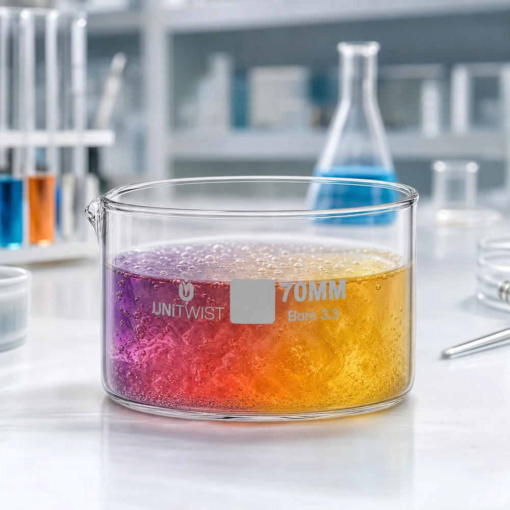 Vlakke kristallisatieschaal 70 mm, borosilicaatglas, UNiTWIST, met chemische reactie en bellenvorming