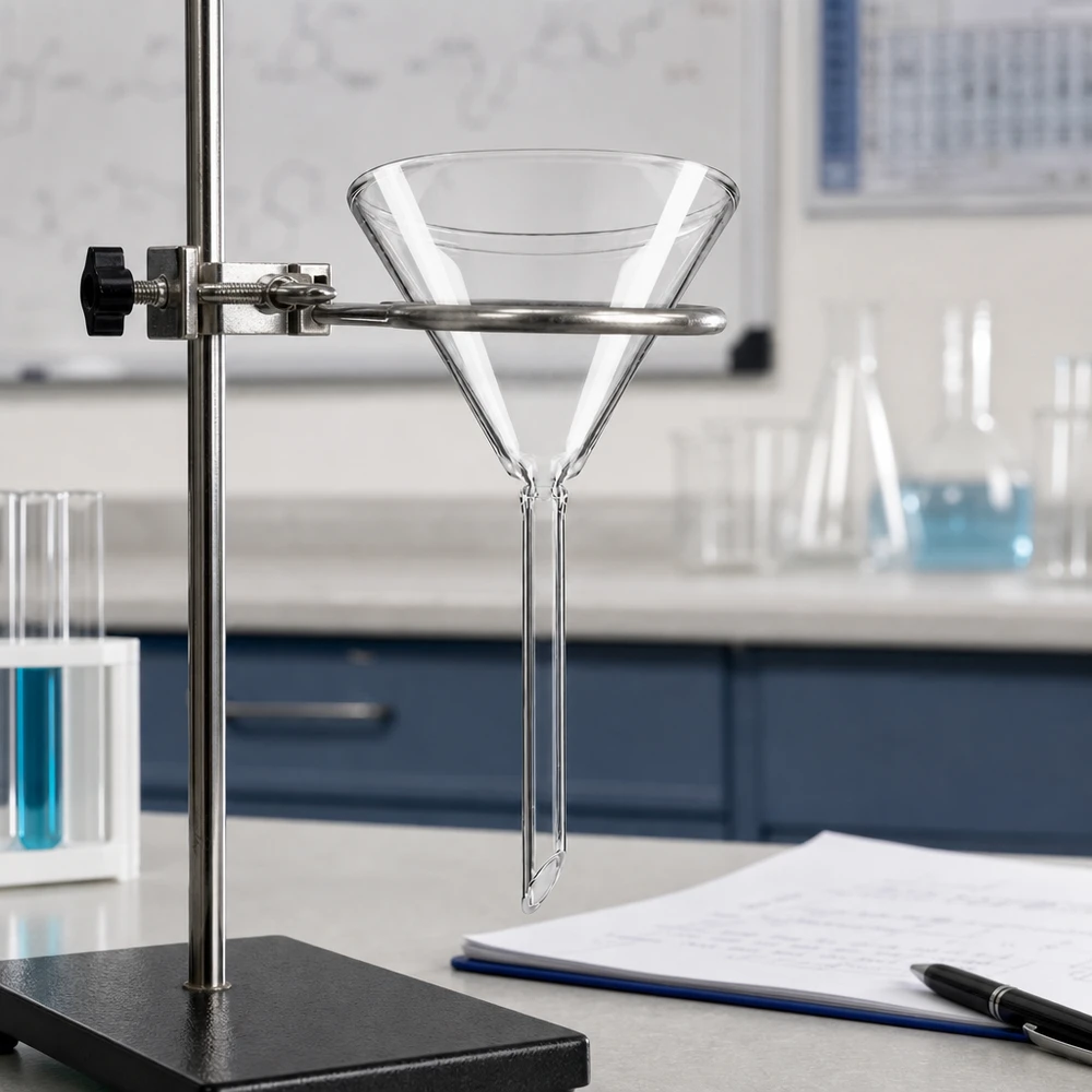 Glazen trechter Ø 70mm - kalk-soda-glas - 60° hoek Precisie glazen trechter met 70 mm opening en kort handvat voor exacte dosering in laboratoria en chemie