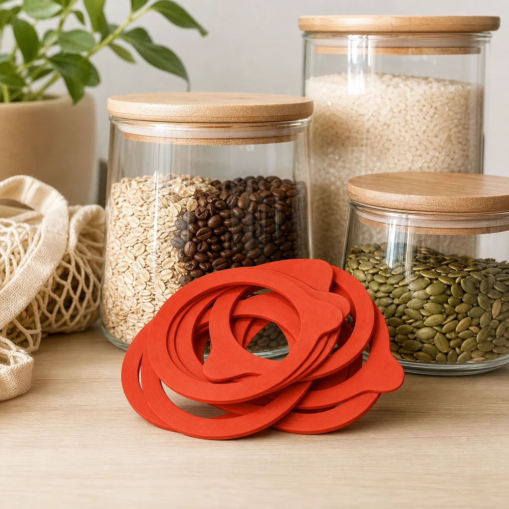 Inlegring van natuurrubber RR80 Einkochring RR80 Naturgummi rot in moderner Vorratsküche mit Vorratsgläsern Reis Kaffee Samen Mesh-Beutel