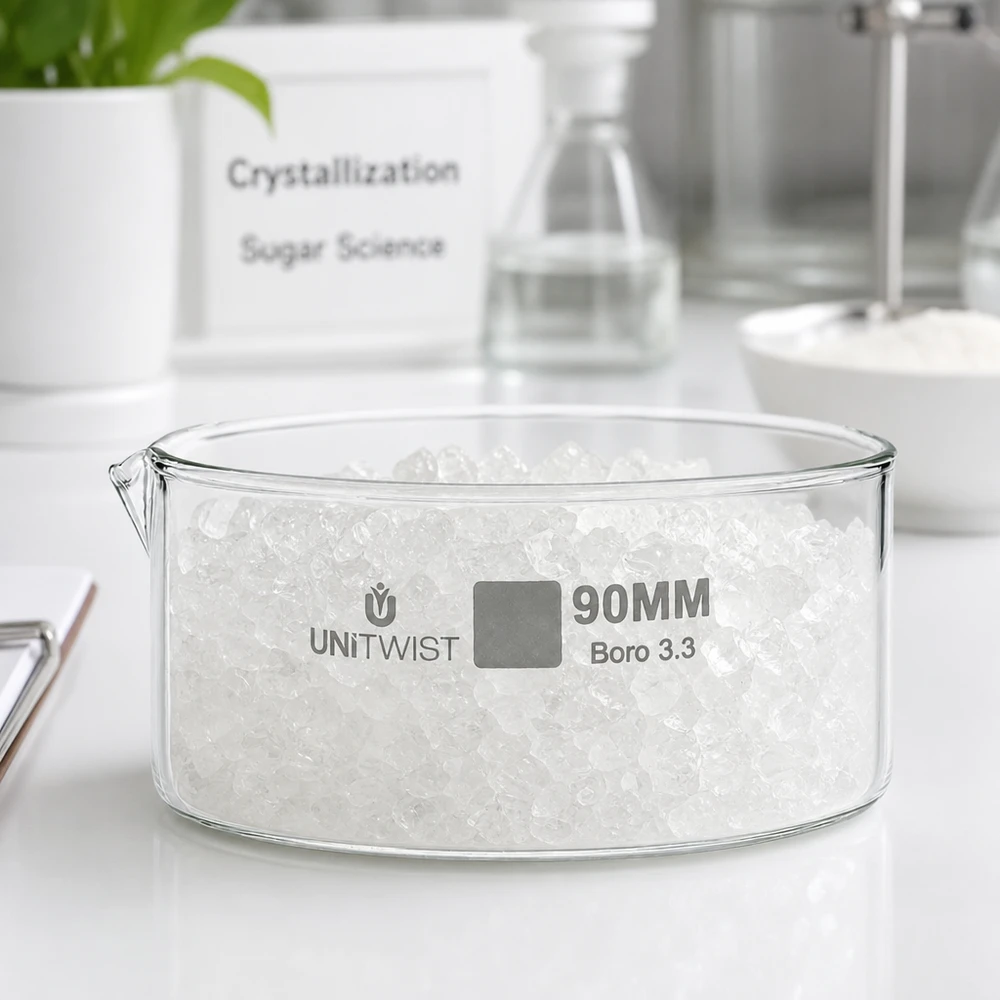 Kristalliseer schaal ø90mm borosilicaatglas UNiTWIST Vlakke laboratoriumschaal ø90 mm UNiTWIST Boro 3.3 met kristallen Kristallisatie-experiment Scheikunde